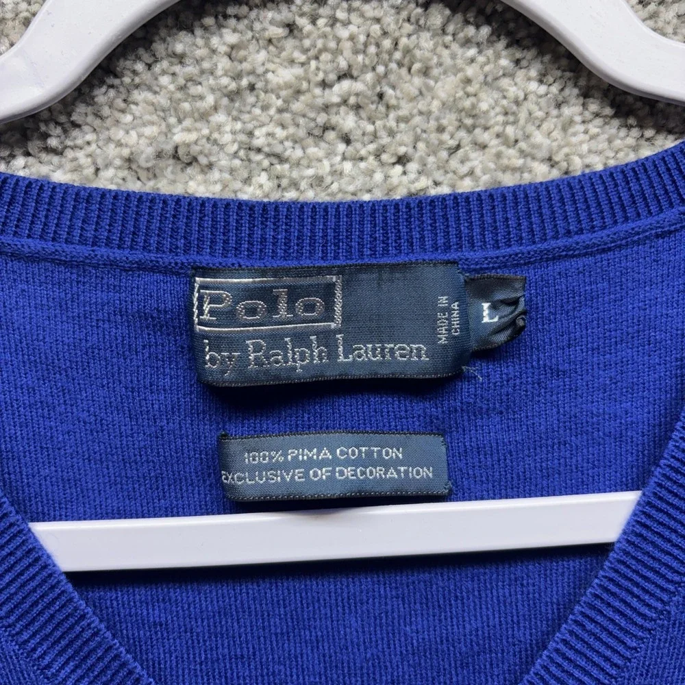 Vintage Polo Ralph Lauren Sweater Vest‎ Mens Large Blue 100% Pima Cotton Elastic
